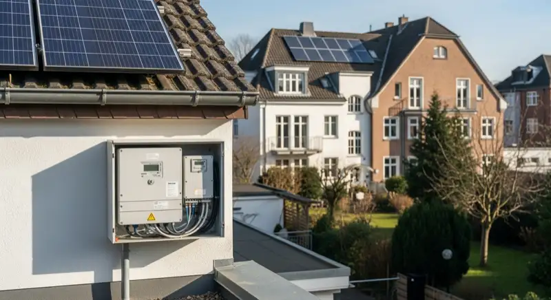 Modern German electrical meter cabinet (Zählerschrank) with smart meter and solar inverter connection, clean technical installation