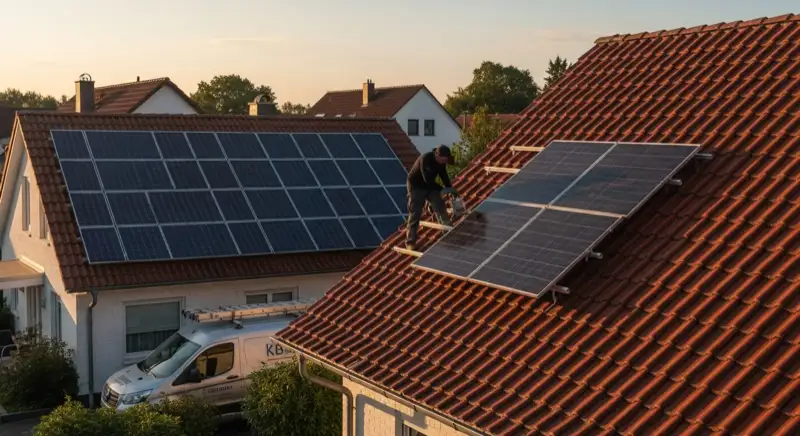 Solarinstallateur montiert Photovoltaikmodule auf Hausdach in Gelsenkirchen mit Stadtwerke-Fahrzeug im Hintergrund