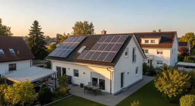 German detached house (Einfamilienhaus) with photovoltaic panels on pitched roof, well-maintained garden, warm afternoon sunlight