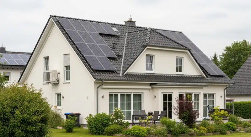 Einfamilienhaus in Germering mit belegtem Satteldach und Solarmodulen