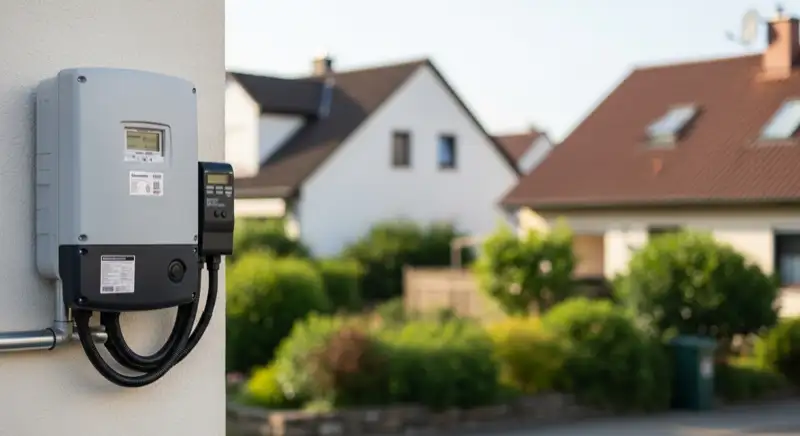 Modern German electrical meter cabinet (Zählerschrank) with smart meter and solar inverter connection, clean technical installation