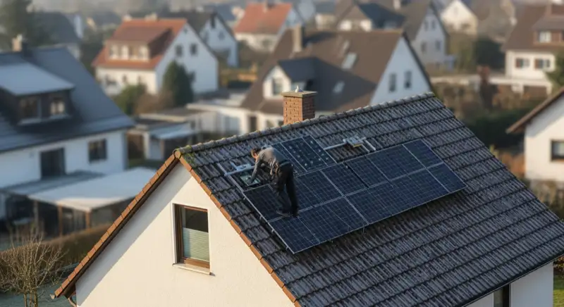 Installateur montiert Solarmodule auf einem Satteldach in einem Germeringer Wohngebiet