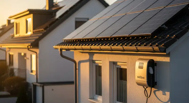 Wallbox an einem Germeringer Einfamilienhaus mit Solaranlage auf dem Dach