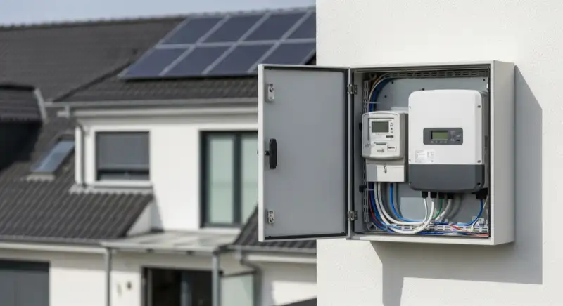 Modern German electrical meter cabinet (Zählerschrank) with smart meter and solar inverter connection, clean technical installation