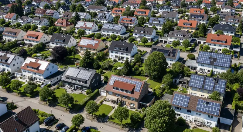 Aerial drone view of typical German residential neighborhood with mixed roof types, red and dark roof tiles, gardens visible, sunny day