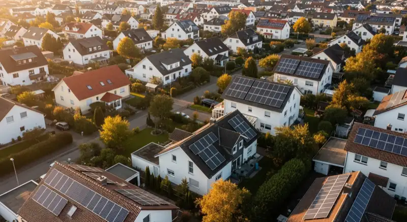 Aerial drone view of typical German residential neighborhood with mixed roof types, red and dark roof tiles, gardens visible, sunny day