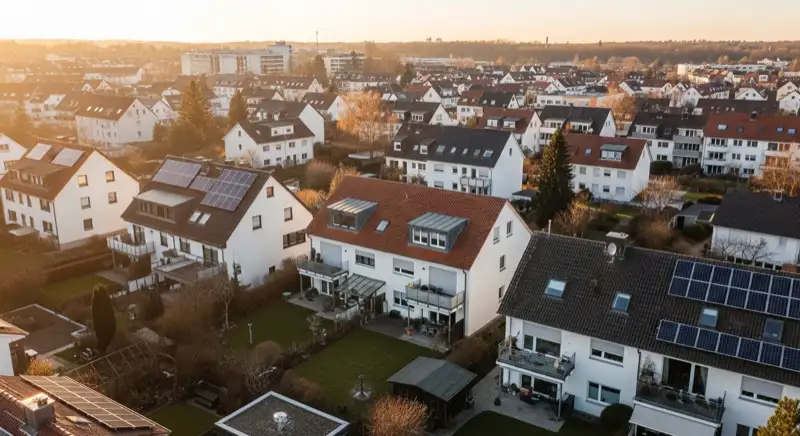 Aerial drone view of typical German residential neighborhood with mixed roof types, red and dark roof tiles, gardens visible, sunny day
