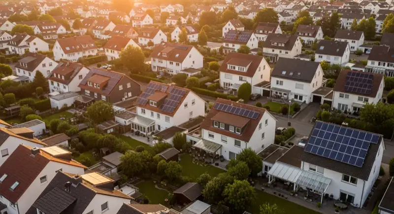 Aerial drone view of typical German residential neighborhood with mixed roof types, red and dark roof tiles, gardens visible, sunny day