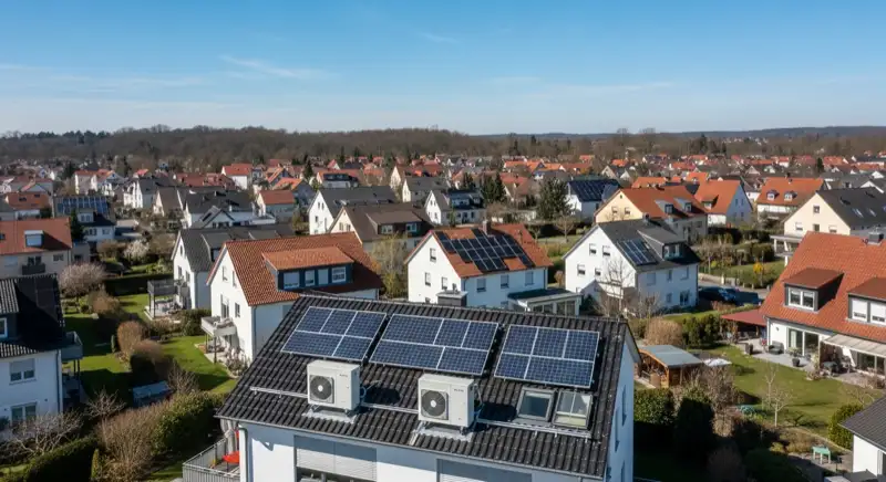 Aerial drone view of typical German residential neighborhood with mixed roof types, red and dark roof tiles, gardens visible, sunny day