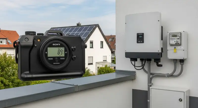 Modern German electrical meter cabinet (Zählerschrank) with smart meter and solar inverter connection, clean technical installation