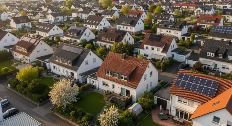 Aerial drone view of typical German residential neighborhood with mixed roof types, red and dark roof tiles, gardens visible, sunny day