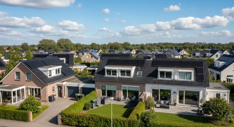 Aerial drone view of typical German residential neighborhood with mixed roof types, red and dark roof tiles, gardens visible, sunny day