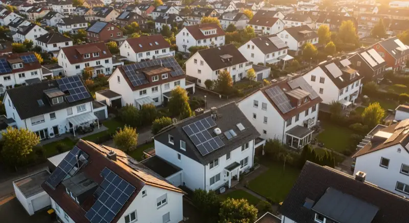 Aerial drone view of typical German residential neighborhood with mixed roof types, red and dark roof tiles, gardens visible, sunny day