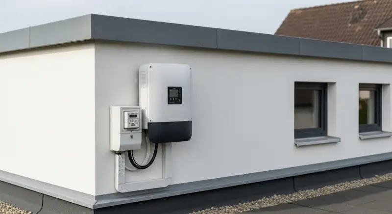 Modern German electrical meter cabinet (Zählerschrank) with smart meter and solar inverter connection, clean technical installation