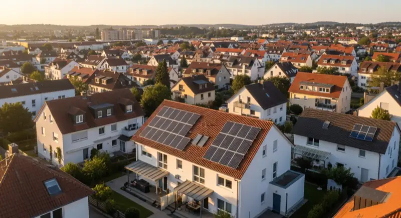 Aerial drone view of typical German residential neighborhood with mixed roof types, red and dark roof tiles, gardens visible, sunny day