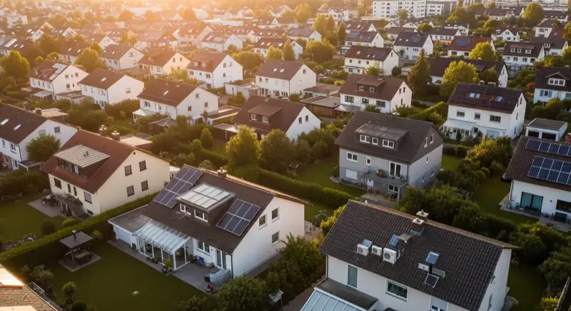 Aerial drone view of typical German residential neighborhood with mixed roof types, red and dark roof tiles, gardens visible, sunny day