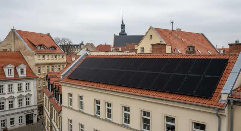 Historisches Gebäude in der Görlitzer Altstadt mit unauffälliger schwarzer Solaranlage auf dem Dach