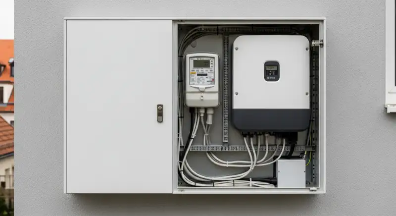 Modern German electrical meter cabinet (Zählerschrank) with smart meter and solar inverter connection, clean technical installation