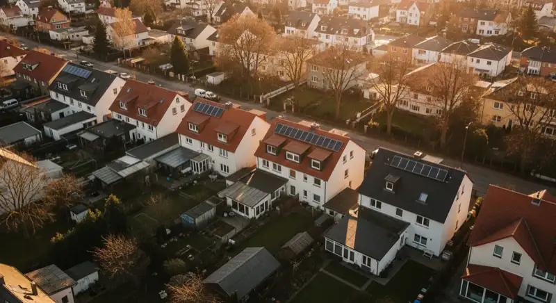 Aerial drone view of typical German residential neighborhood with mixed roof types, red and dark roof tiles, gardens visible, sunny day