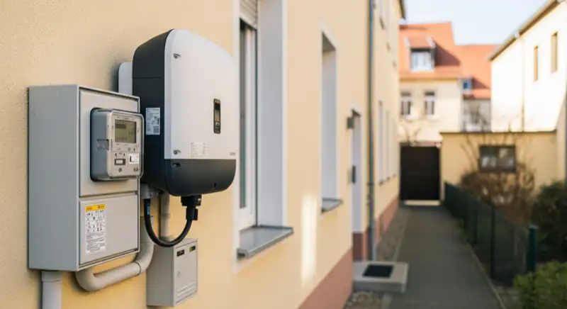 Modern German electrical meter cabinet (Zählerschrank) with smart meter and solar inverter connection, clean technical installation