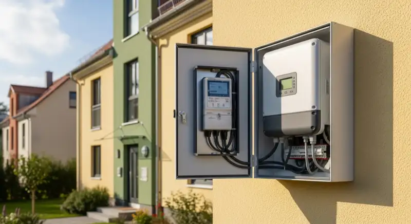 Modern German electrical meter cabinet (Zählerschrank) with smart meter and solar inverter connection, clean technical installation