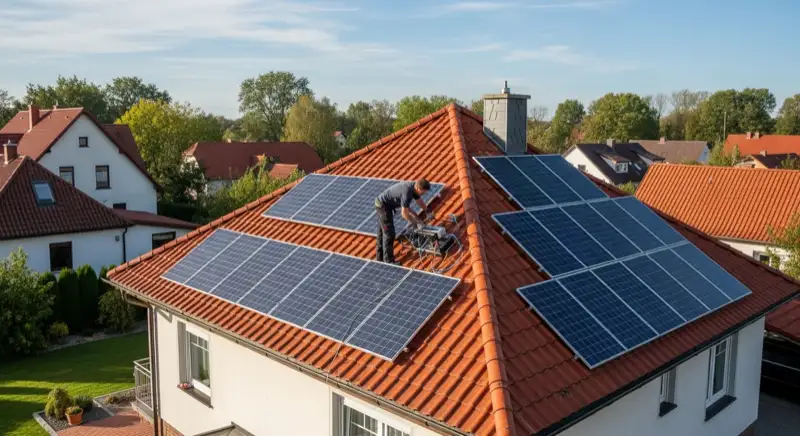 Installateur bei der jährlichen Wartung einer Solaranlage auf einem Görlitzer Einfamilienhaus