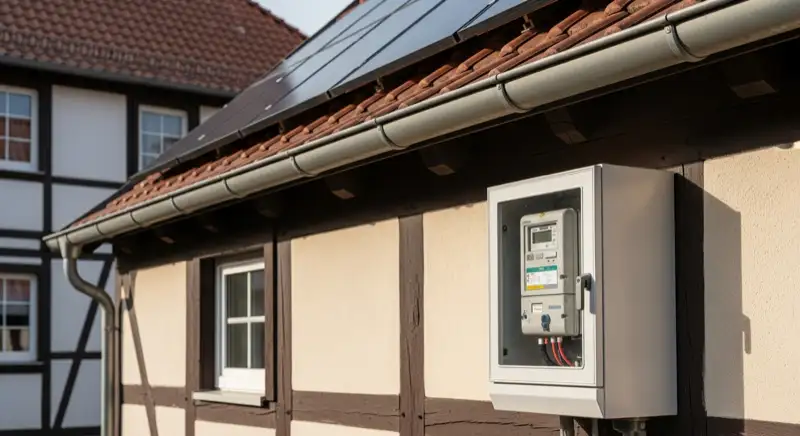 Modern German electrical meter cabinet (Zählerschrank) with smart meter and solar inverter connection, clean technical installation