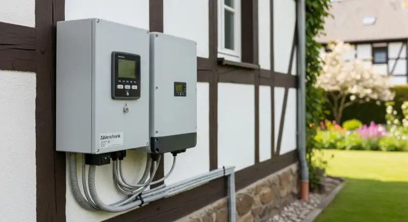 Modern German electrical meter cabinet (Zählerschrank) with smart meter and solar inverter connection, clean technical installation
