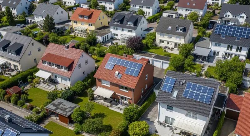 Aerial drone view of typical German residential neighborhood with mixed roof types, red and dark roof tiles, gardens visible, sunny day