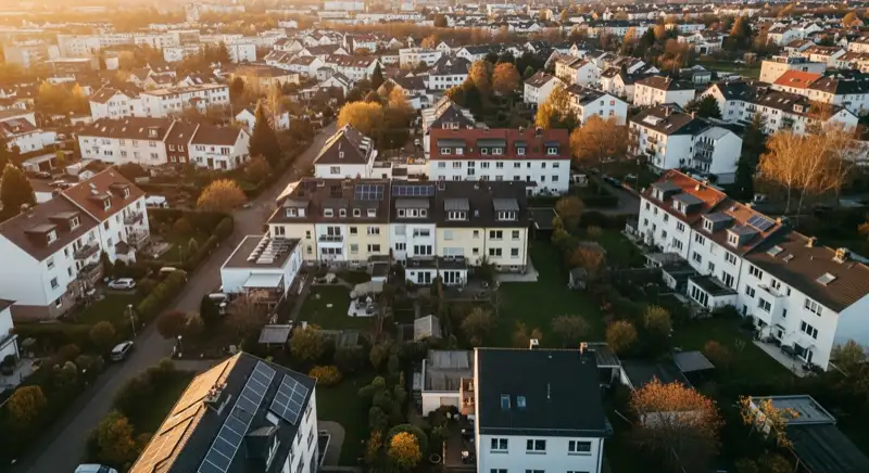 Aerial drone view of typical German residential neighborhood with mixed roof types, red and dark roof tiles, gardens visible, sunny day