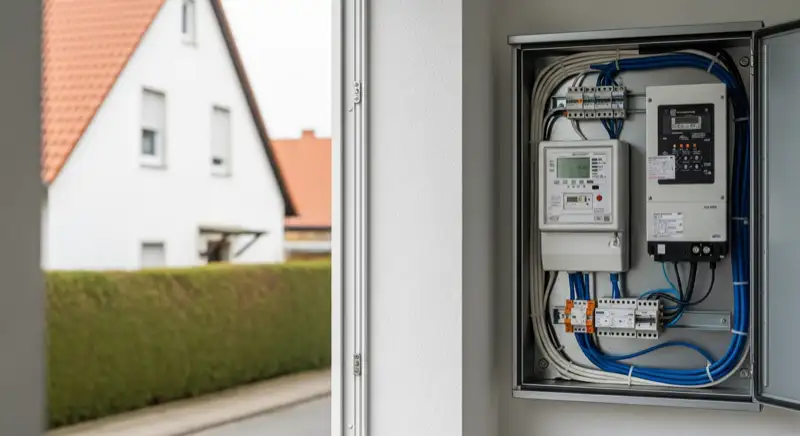 Modern German electrical meter cabinet (Zählerschrank) with smart meter and solar inverter connection, clean technical installation