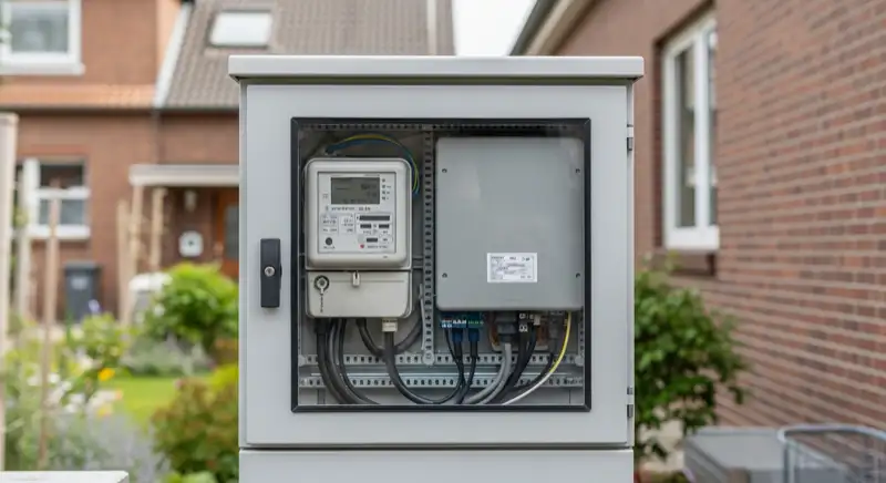 Modern German electrical meter cabinet (Zählerschrank) with smart meter and solar inverter connection, clean technical installation