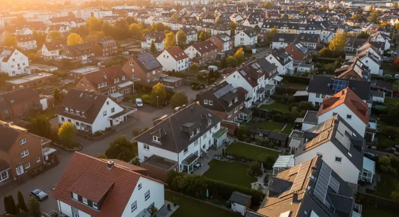 Aerial drone view of typical German residential neighborhood with mixed roof types, red and dark roof tiles, gardens visible, sunny day