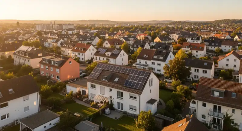 Aerial drone view of typical German residential neighborhood with mixed roof types, red and dark roof tiles, gardens visible, sunny day