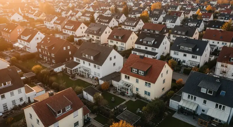 Aerial drone view of typical German residential neighborhood with mixed roof types, red and dark roof tiles, gardens visible, sunny day