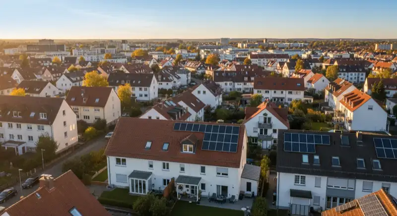 Aerial drone view of typical German residential neighborhood with mixed roof types, red and dark roof tiles, gardens visible, sunny day