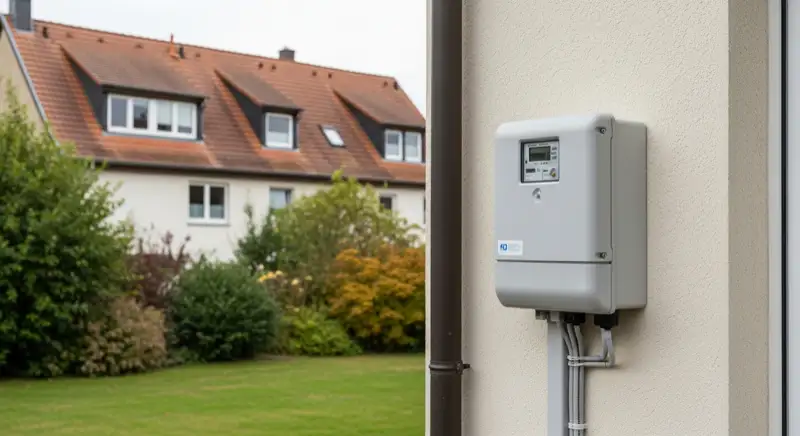 Modern German electrical meter cabinet (Zählerschrank) with smart meter and solar inverter connection, clean technical installation