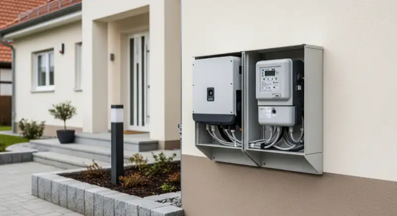 Modern German electrical meter cabinet (Zählerschrank) with smart meter and solar inverter connection, clean technical installation
