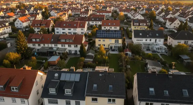 Aerial drone view of typical German residential neighborhood with mixed roof types, red and dark roof tiles, gardens visible, sunny day