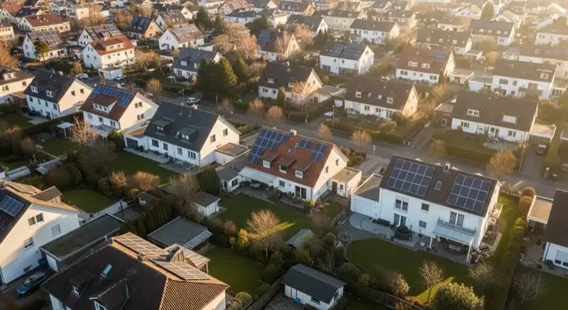 Aerial drone view of typical German residential neighborhood with mixed roof types, red and dark roof tiles, gardens visible, sunny day