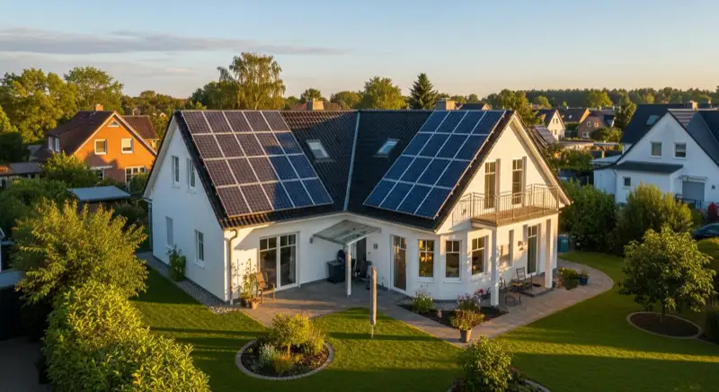 German detached house (Einfamilienhaus) with photovoltaic panels on pitched roof, well-maintained garden, warm afternoon sunlight