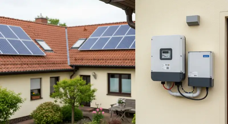 Modern German electrical meter cabinet (Zählerschrank) with smart meter and solar inverter connection, clean technical installation