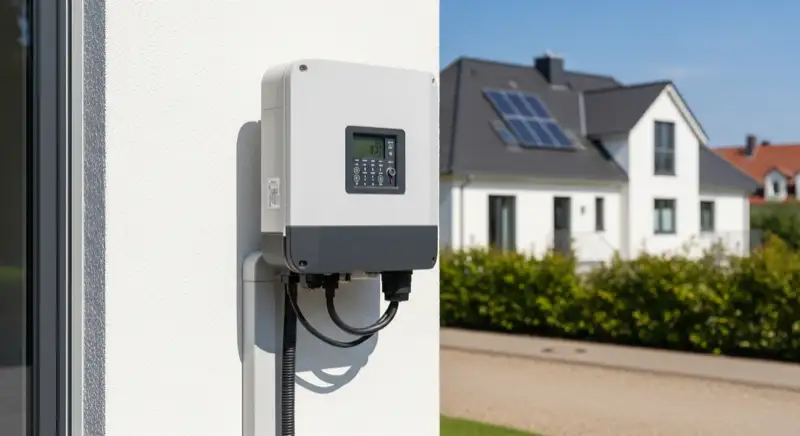 Modern German electrical meter cabinet (Zählerschrank) with smart meter and solar inverter connection, clean technical installation