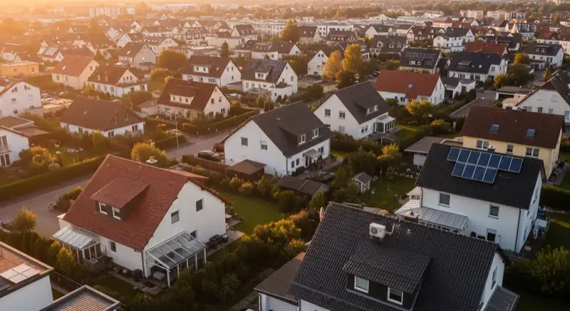 Aerial drone view of typical German residential neighborhood with mixed roof types, red and dark roof tiles, gardens visible, sunny day