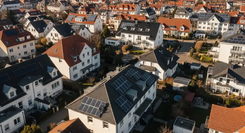 Aerial drone view of typical German residential neighborhood with mixed roof types, red and dark roof tiles, gardens visible, sunny day