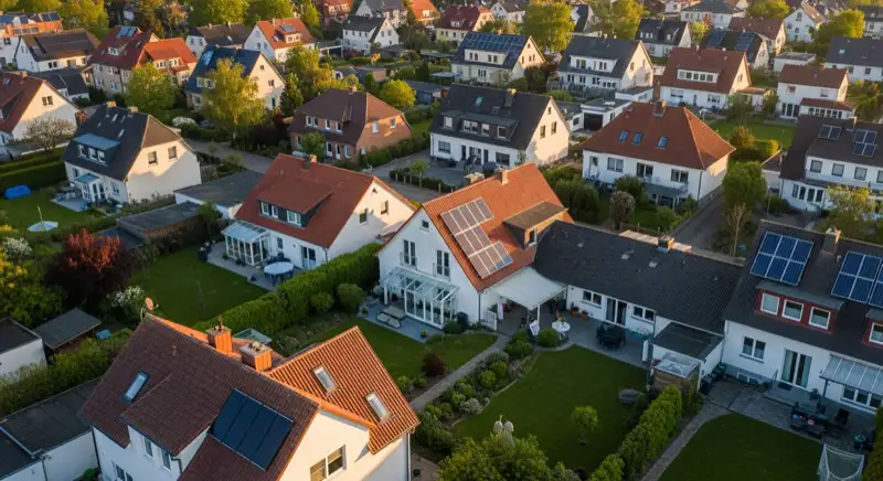 Aerial drone view of typical German residential neighborhood with mixed roof types, red and dark roof tiles, gardens visible, sunny day