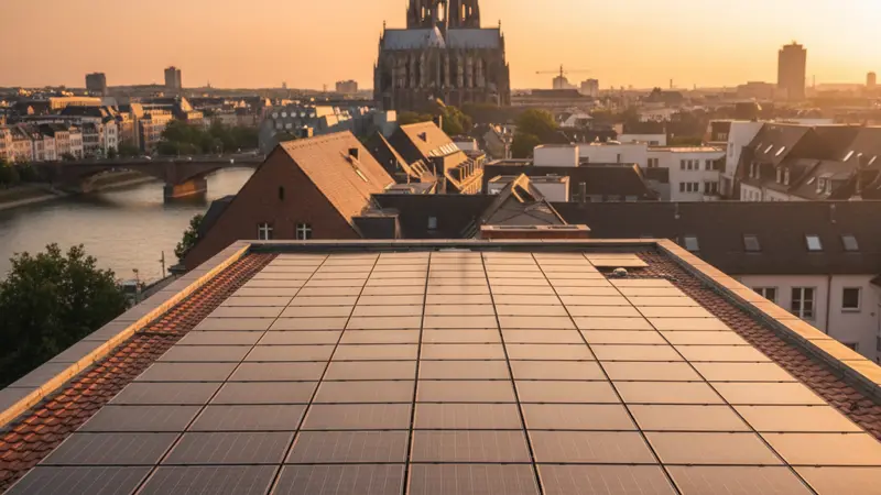 Solaranlage auf einem Grevenbroicher Einfamilienhaus mit Blick auf den Dom