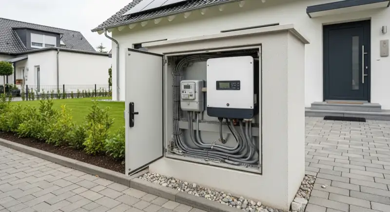 Modern German electrical meter cabinet (Zählerschrank) with smart meter and solar inverter connection, clean technical installation