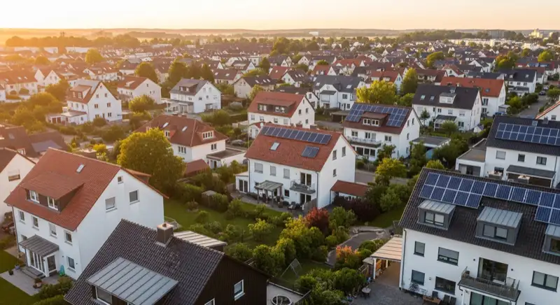 Aerial drone view of typical German residential neighborhood with mixed roof types, red and dark roof tiles, gardens visible, sunny day