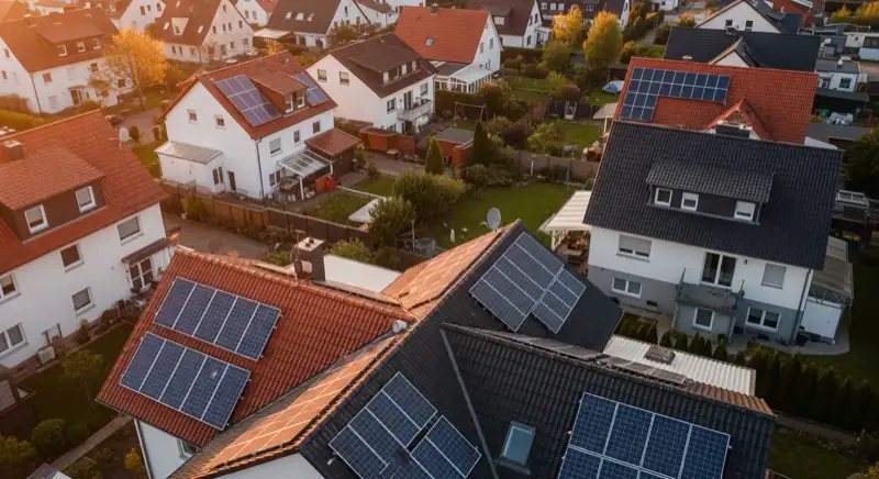 Aerial drone view of typical German residential neighborhood with mixed roof types, red and dark roof tiles, gardens visible, sunny day
